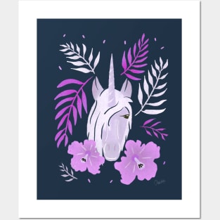 Pink Unicorn Tropical Hibiscus and Leaves Posters and Art